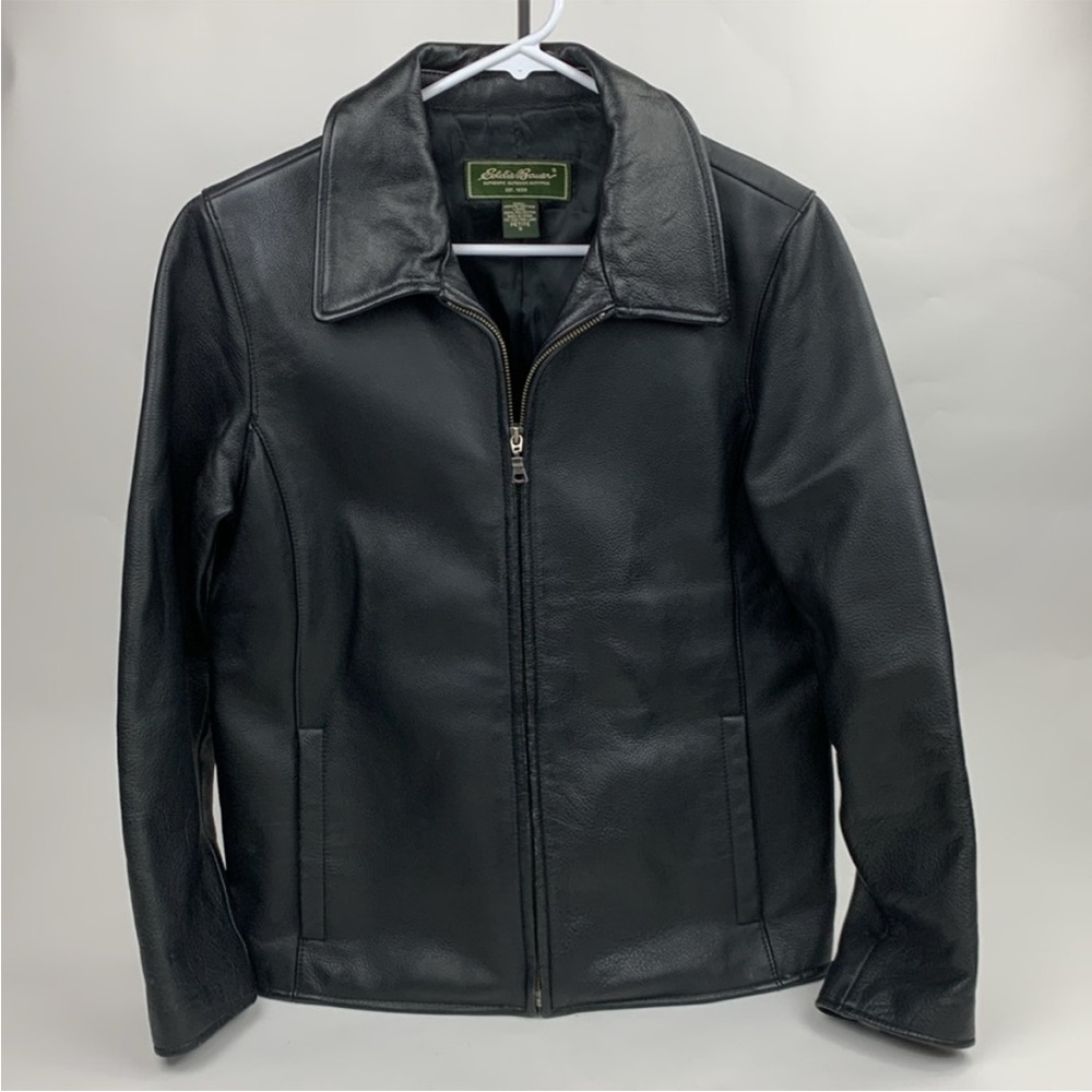 Eddie Bauer Black Leather Jacket Zip up Size Small Pockets Lined Collar